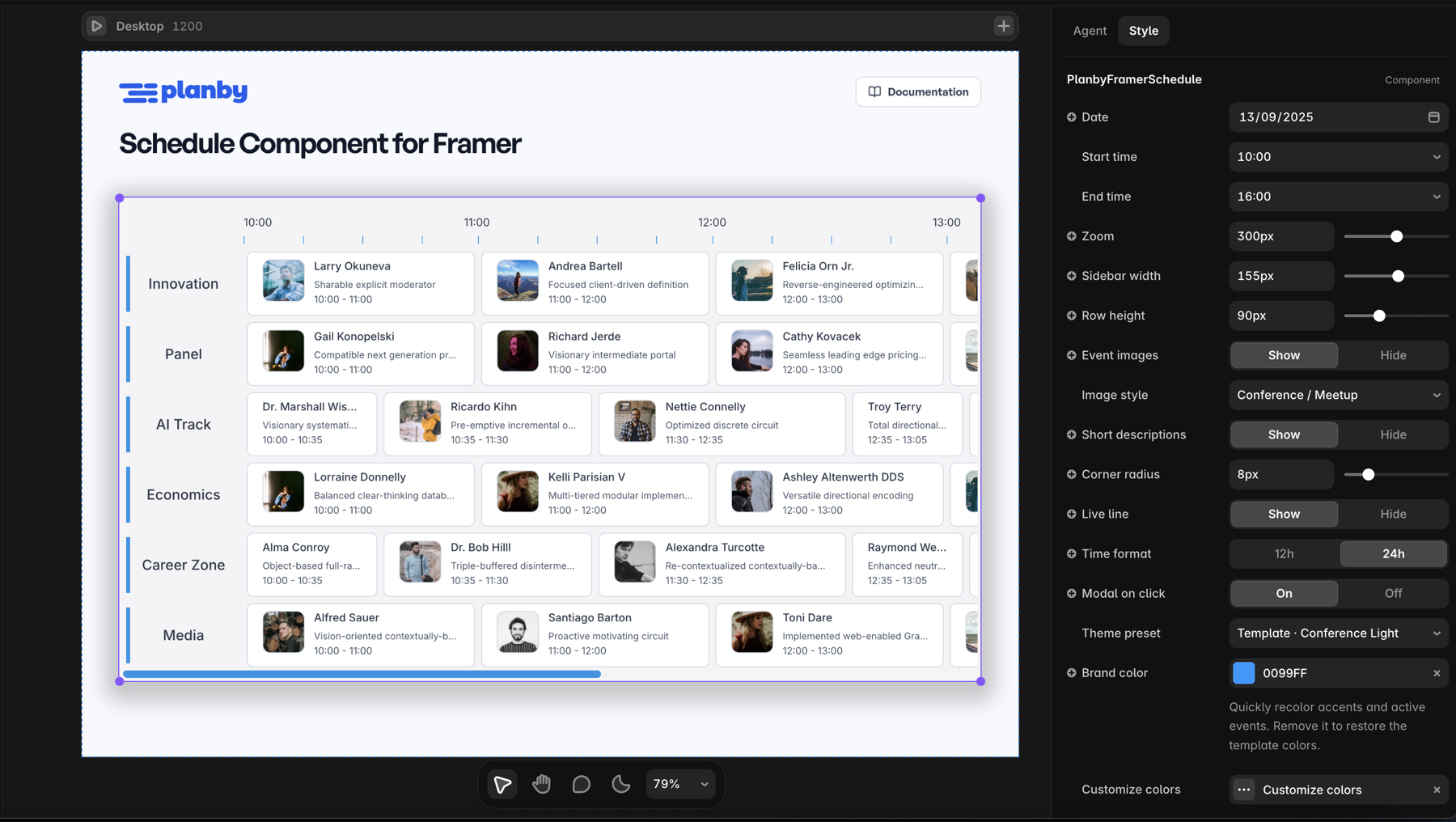Planby Schedule selected on the Framer canvas with its property panel open — date, start and end time, zoom, sidebar width, row height, event images, theme preset and brand color controls